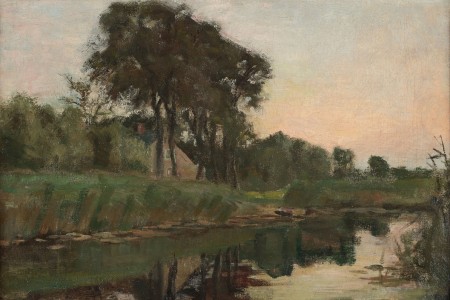 Piet Mondriaan, Boerderij Landzicht gezien van stroomafwaarts met een zichtbare geveltop, 1902 - 1903