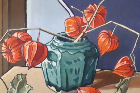 Henk Groote (1947) Gemberpot met lampionnetjes Olieverf op doek; 24 x 30 cm Collectie Groote