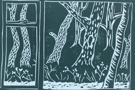 Vanuit het keukenraam aan de Amelisweerd, Marije Visser, Blockprint & linorubber