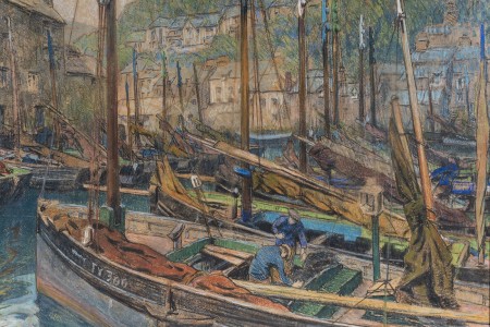  Masten in de haven van Polperro, H.J. Wolter, pastel, particuliere collectie